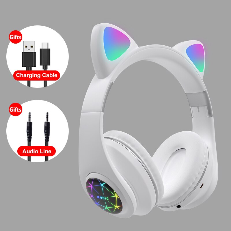 Cat Ear Wireless Headphones fone ouvido bluetooth With RGB Flash Light Bluetooth 5.0 Young People Kids Girls Headset For phone: White