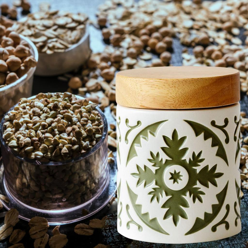 Boho Style Ceramic Canister with Wooden Lid Stackable Food Storage Container for Farmhouse Kitchen Home Pantry Organization: Green L