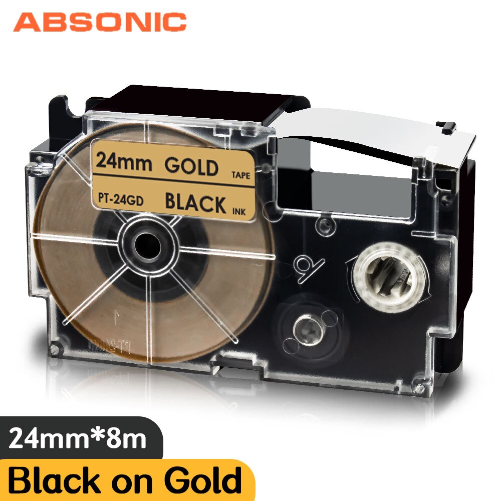 Mixed Color 24mm XR-24WE XR-24X For Casio XR-24RD XR-24BU XR-24YW XR-24GN Label Cassette for Casio CW-L300 KL-430 KL-820 Labler: Black on Gold