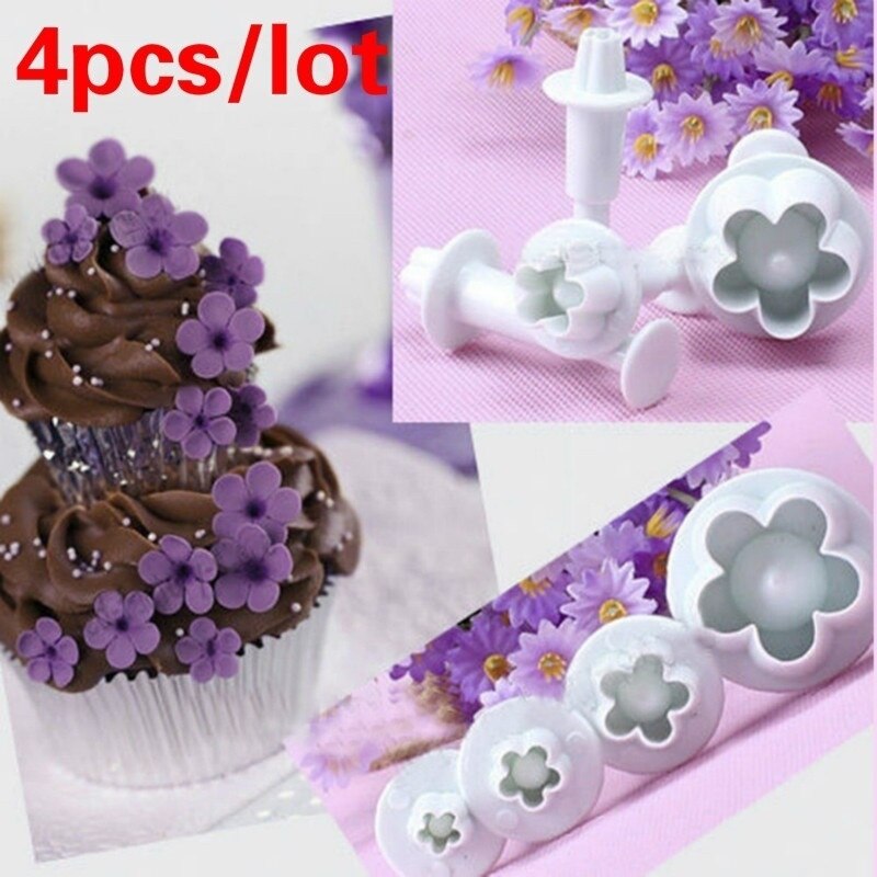 4pcs Flower Shape Plastic Baking Mold Kitchen Biscuit Cookie Cutter Pastry Plunger 3D Stamp Die Fondant Cake Decorating Tools