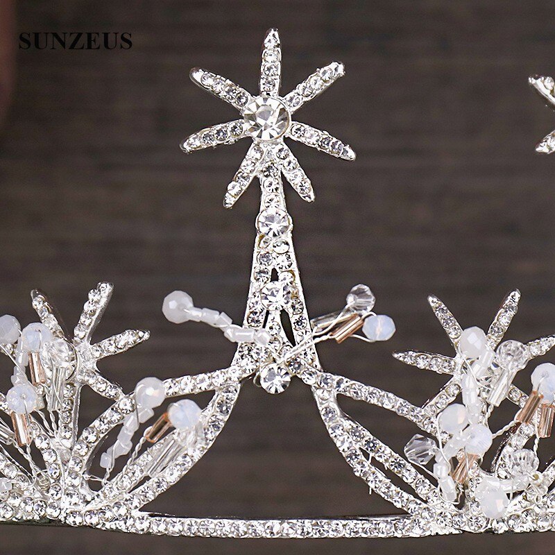 Corona nupcial de plata con cristales, Tiara con estrellas brillantes, diadema, accesorio de boda, Reina, SQ0328