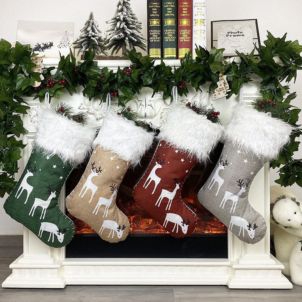 10PC /set Small Size Christmas Stockings Cute Elk Printing Christmas Stockings Festival Decoration