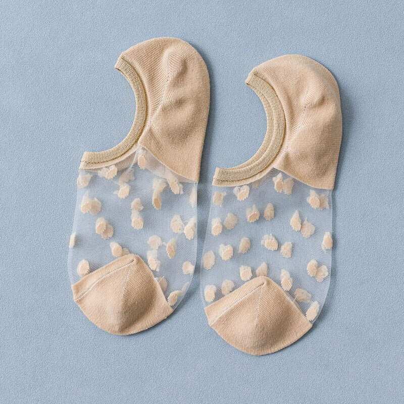 Calcetines de encaje de cristal para mujer, medias de seda transparentes, elásticas e invisibles, tobilleras, para verano: Khaki