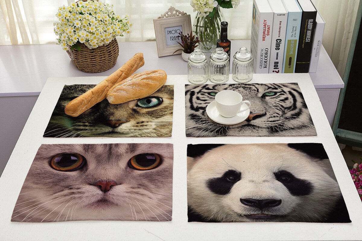 Cotton Linen Art Food Placemat for Dining Table Animal Face 3D Printing Kitchen Accessories Cup Coaster Cat Dog Desgin Mat
