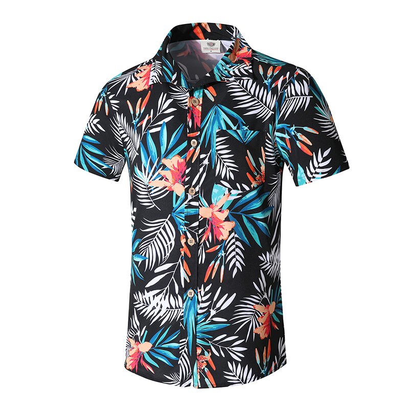 Mens Hawaiian Beach Shirt Summer Casual Printed Short Sleeve Shirts Men Masculina Brand Clothing 4XL: Black / XXXL