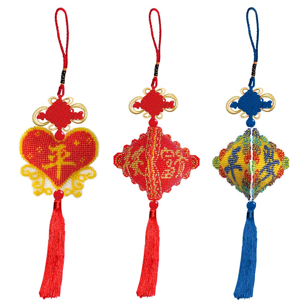 Stamped DIY Lotus Flower Love Heart Chinese Knot Craft Beaded Cross Stitch Car Hanging Printed Embroidery Tassel Kit Pendant