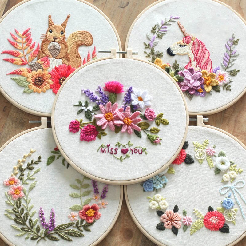 3D Embroidery Starter Kit with Flowers Unicorn Pattern Cloth Europe Style Color Threads Craft Kit With Hoop Embroidery Supplies