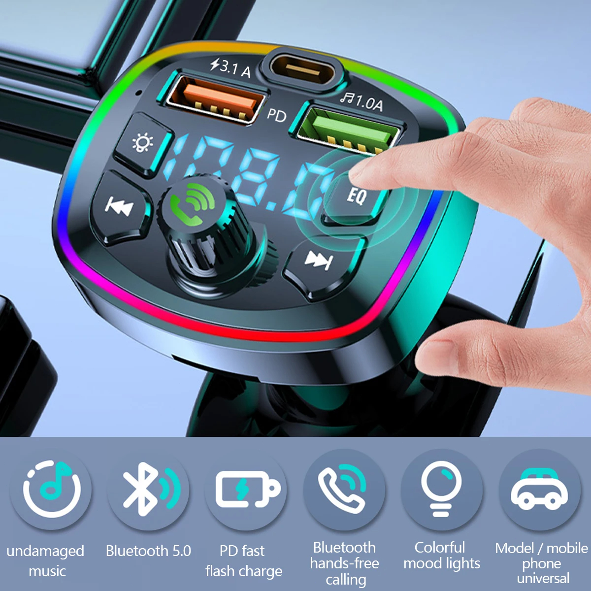 Auto MP3 Spieler Bluetooth 5.0 FM Absender Freisprecheinrichtung Autoradio Modulator mit integriertem Mikrofon USB Schnellladeadapter für Auto