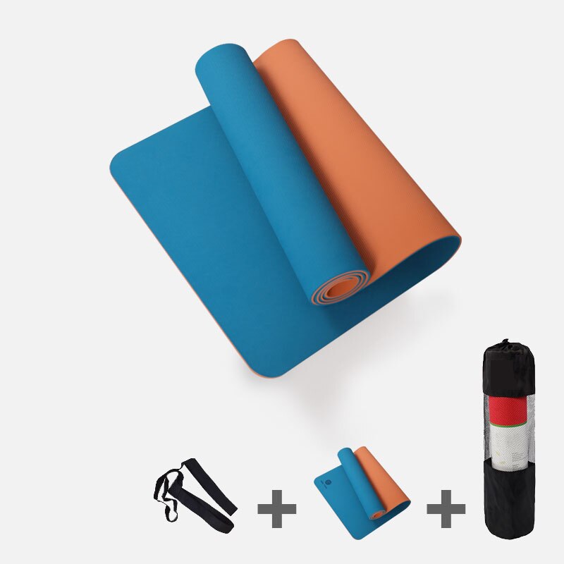 183*61*0.6cm skridsikker yogamåtte 6mm tpe sportsyogamåtter til fitness pilates gymnastik colchonete pude med yogataske rem: Blå