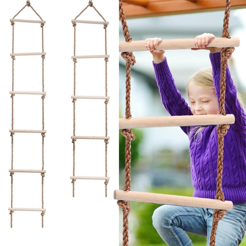 Kids Fitness Toy Wooden Rope Ladder Multi Rungs Climbing Toy Frog Jump Swing Children Rings Safe Sports Rope Swing Swivel Rotary