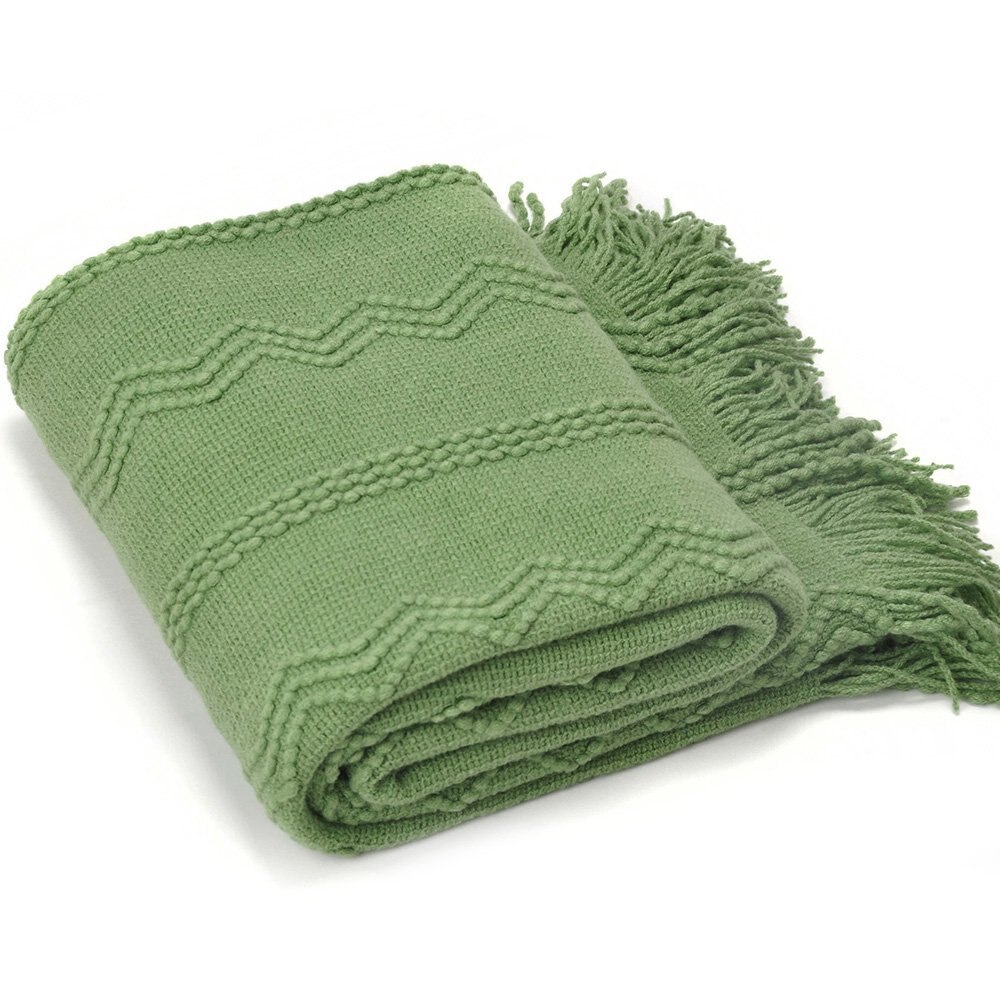 Battilo Intricate Woven Throw Blanket with Raised Patterns and Tasseled End 50"x60": Green