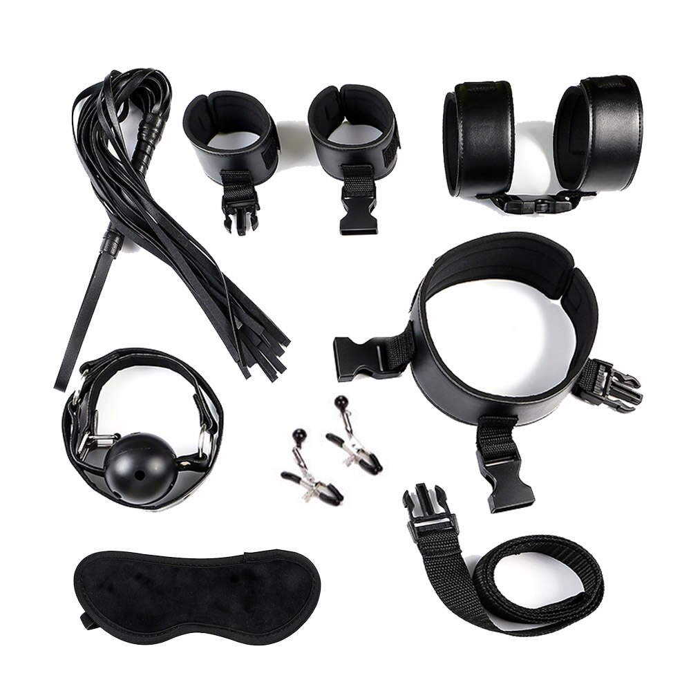 28 stks/set Vrouwen Mannen Speeltjes voor BDSM Spel Handboeien zweep touw Anale plug Mond plug Vibrator Erotische Accessoires Bondage set: black 7pcs