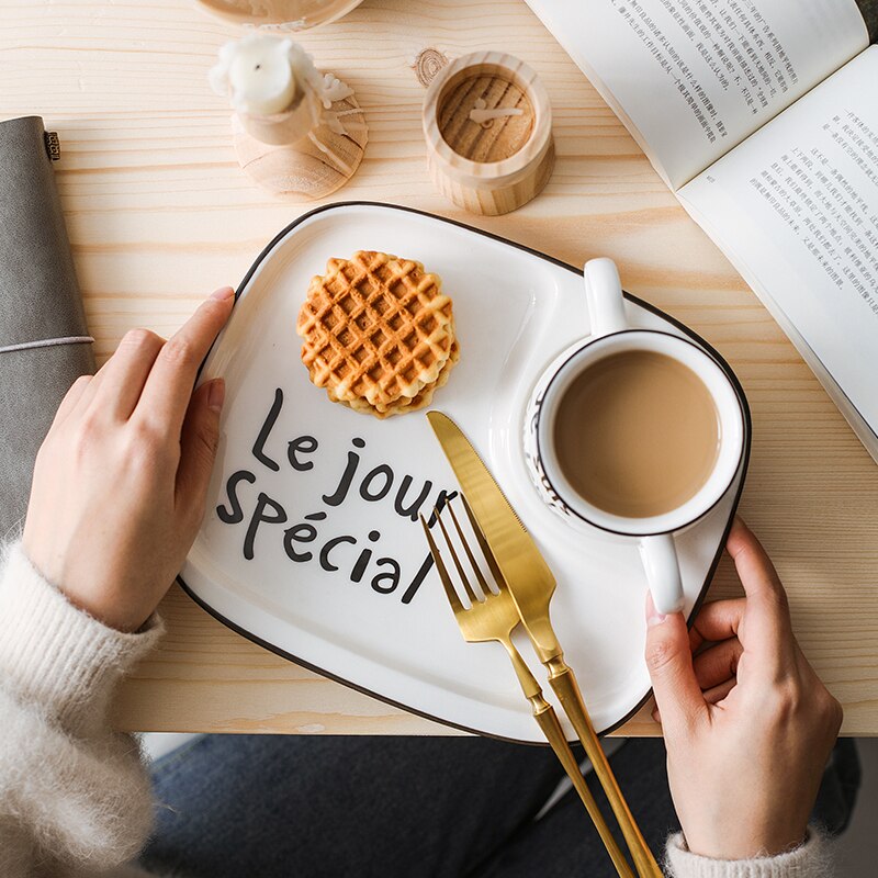 Ensemble de petit déjeuner en porcelaine, tasse à lait, grille divisée, pâtes, assiette à Dessert, bol de petit déjeuner, couvercle en bois, tasse d'eau, vaisselle