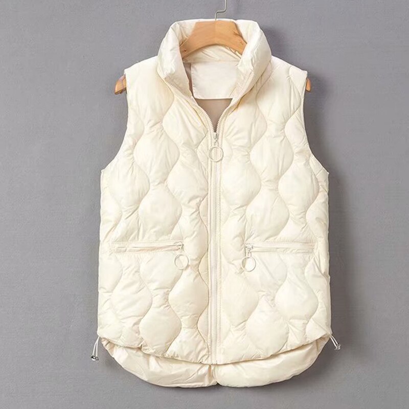 Azyt dunväst i bomull för kvinnor dragkedjefickor lösa vintervarm ärmlös jacka dam tjock väst kappa: Beige / Xl