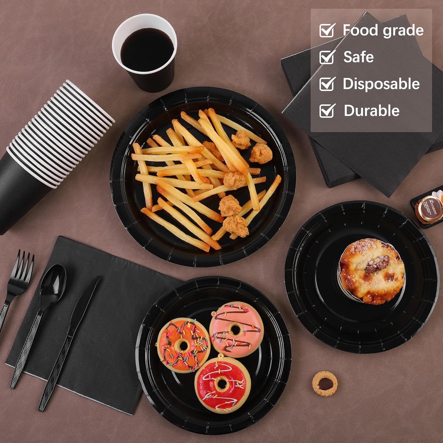 Suministros de negros, juego de vajilla desechable, platos, tazas, servilletas, bolsa, mantel para decoraciones para de cumpleaños y boda