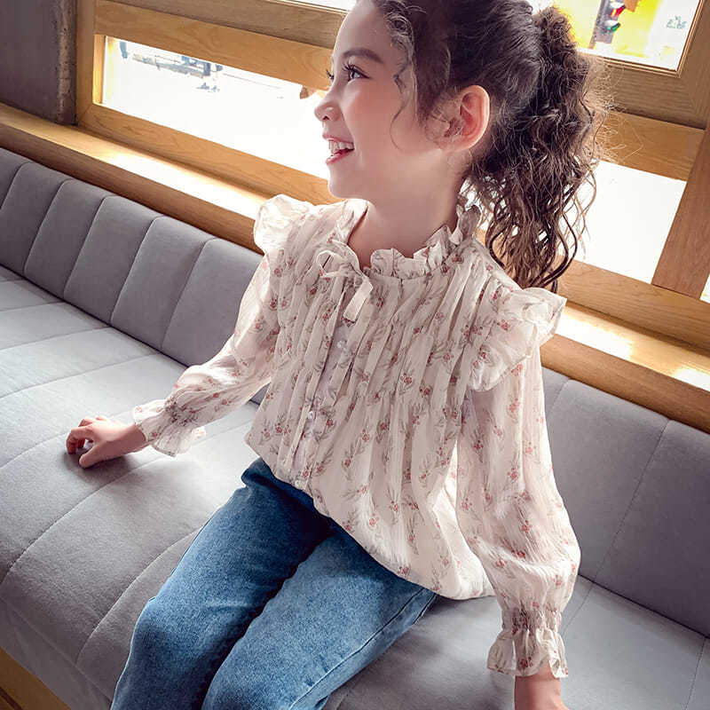 Chemisiers en coton à manches trompette pour filles, Long, évasé, en mousseline de soie, Style coréen, imprimé Floral, vêtements pour enfants, T69