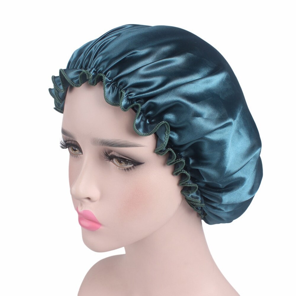 Elastic 58cm Women Shower Cap Satin Night Sleep Cap Shower Cap Hair Bonnet Hat Silk Head Cover Wide Elastic Band: Peacock Blue