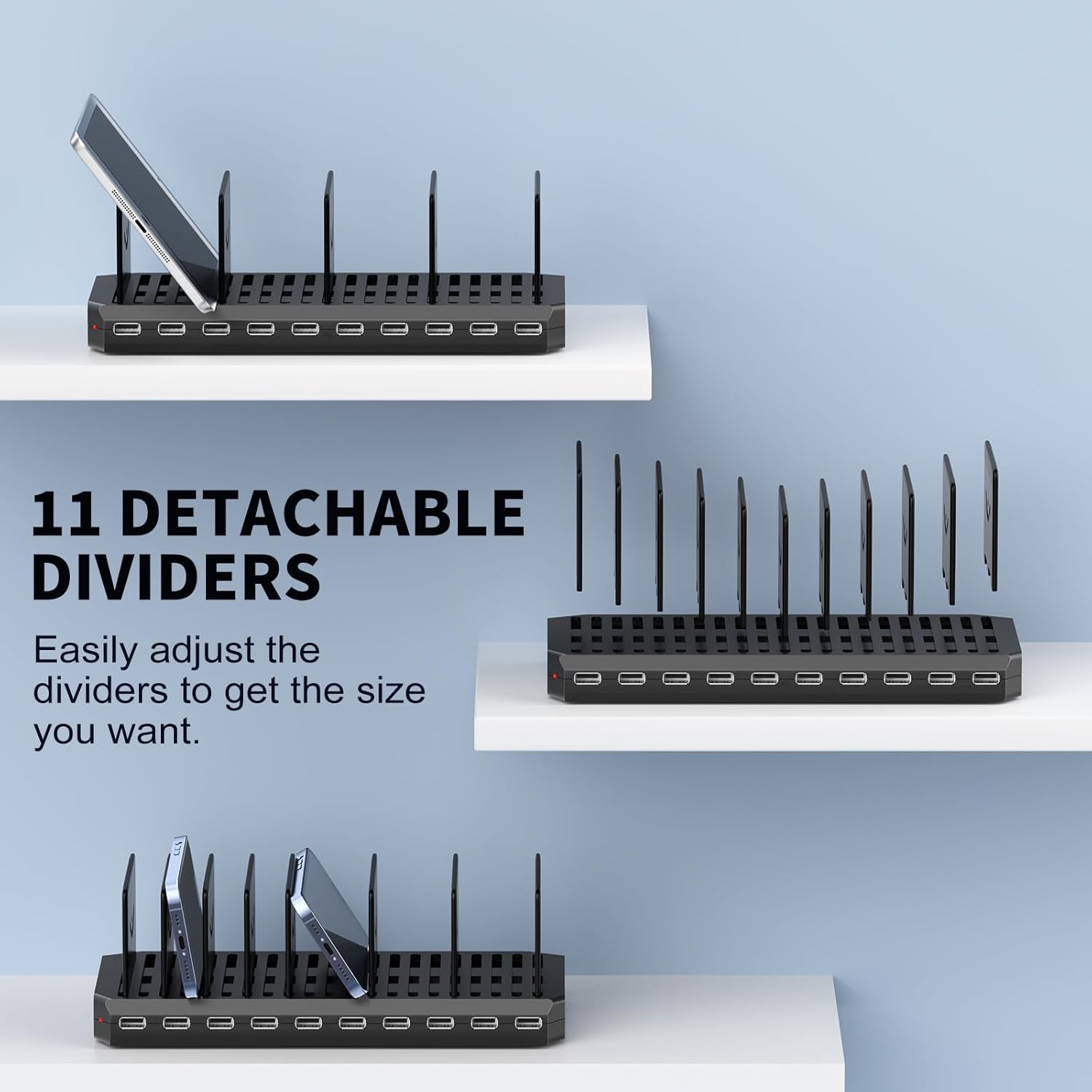 60-w -10-- port usb charging station with adjustable dividers, fast charging hub for multiple devices in hotels, shops, schools