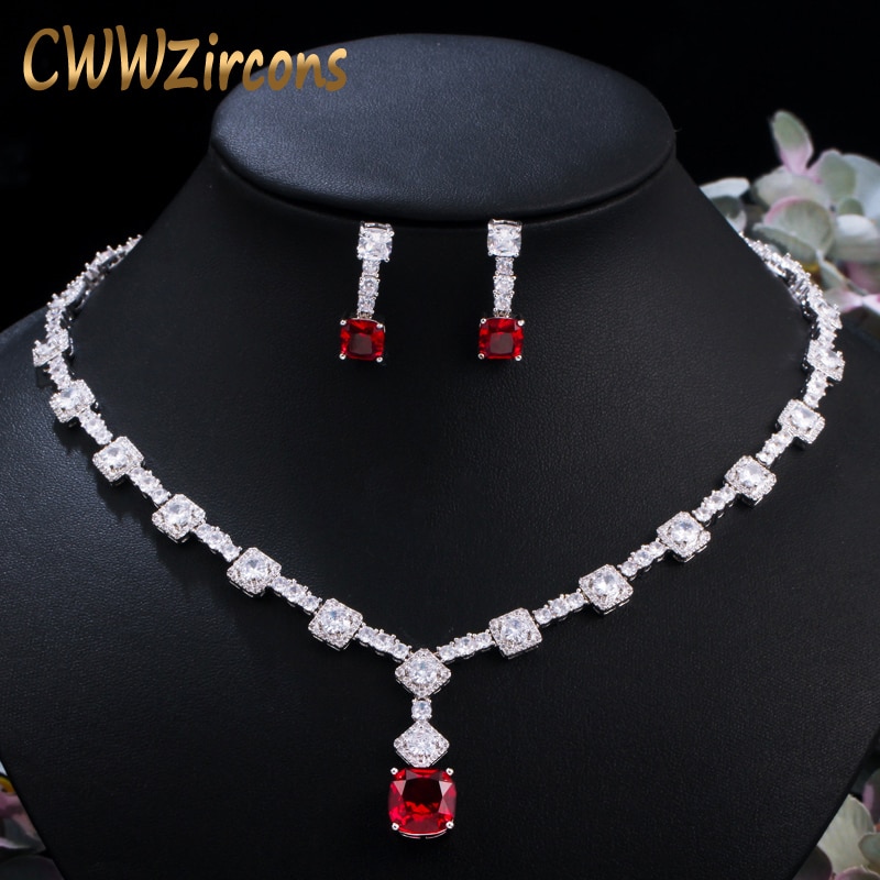 CWWZircons Chique Redondo e Quadrado Cut Red Cubic Zirconia Wedding Party Mulheres Jóias Elegante Conjunto Colar Brinco para Noivas T454