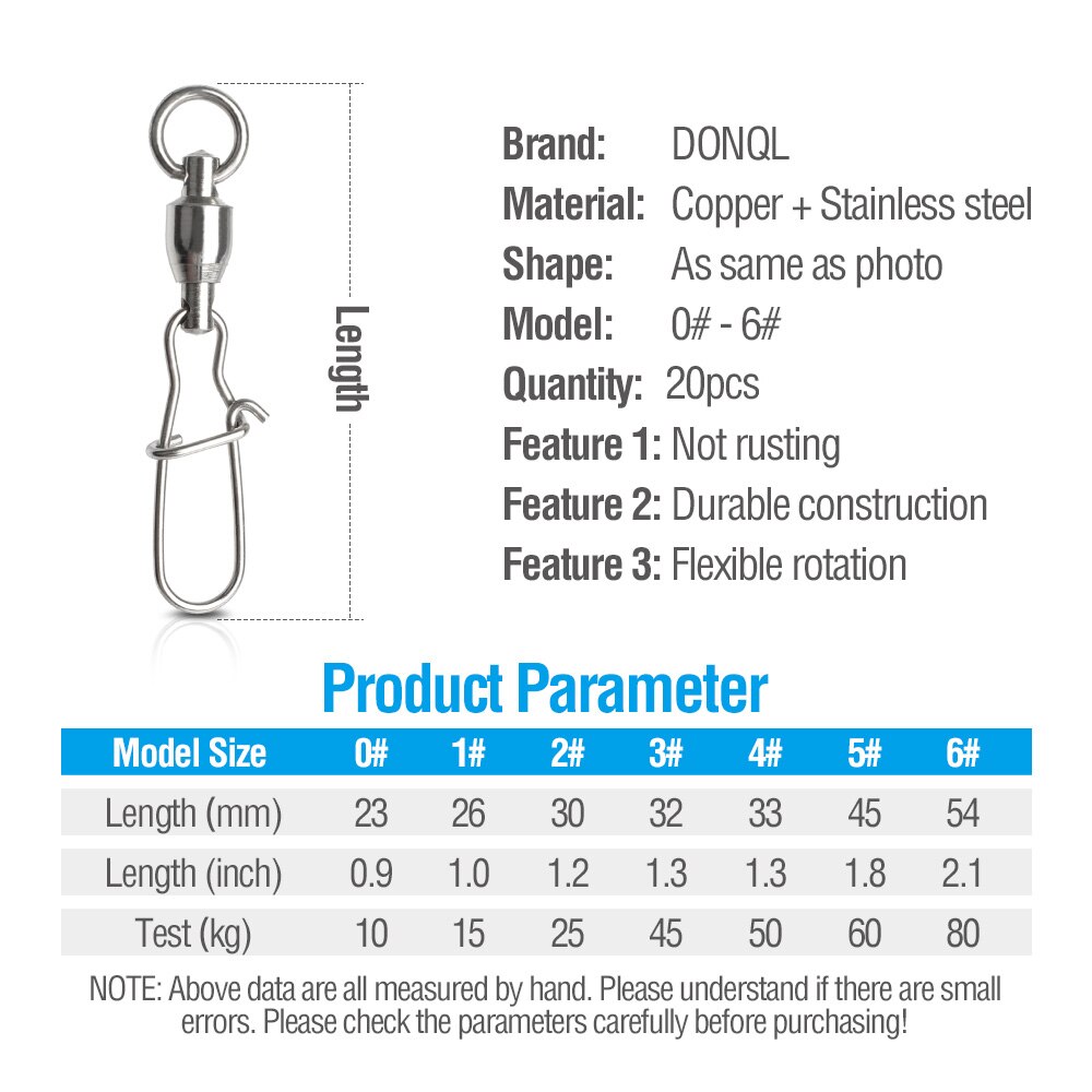 DONQL 20pcs/Box Reinforced Fishing Swivels Connector Interlock Snap 0#-6# Strong Ball Bearing Rolling Swivel Link Fishing Tackle