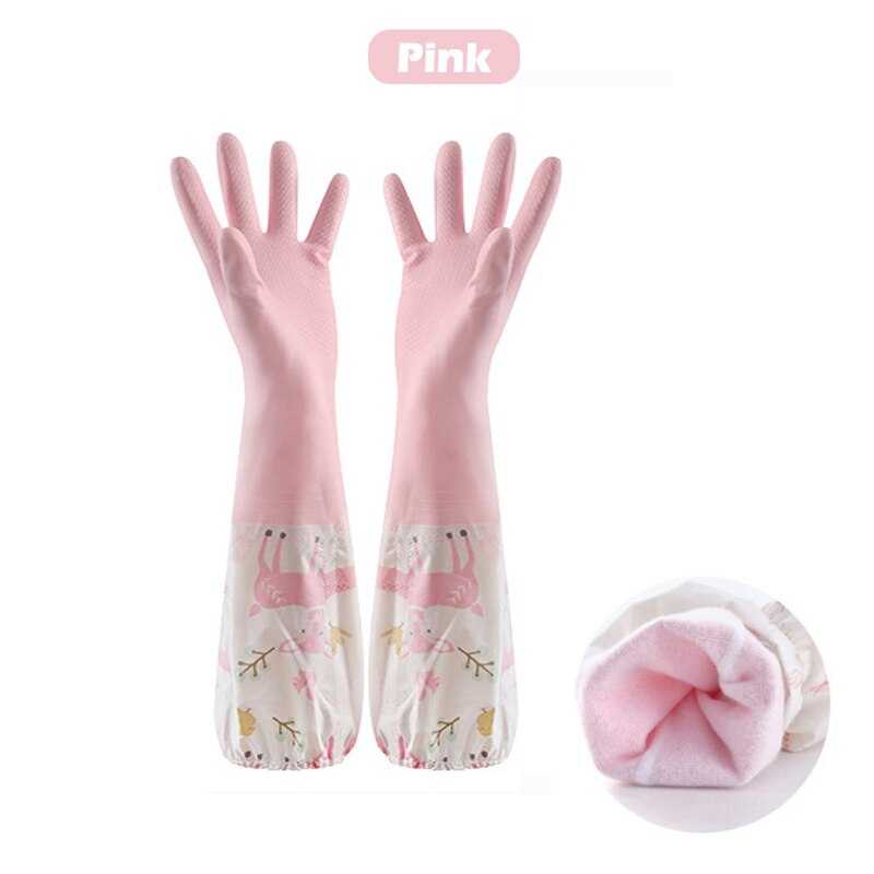 Gants de lavage de la vaisselle, monocouche, manche d'épissure domestique, étanches, en peluche, bande élastique, gants en caoutchouc: Pink-Plush / S