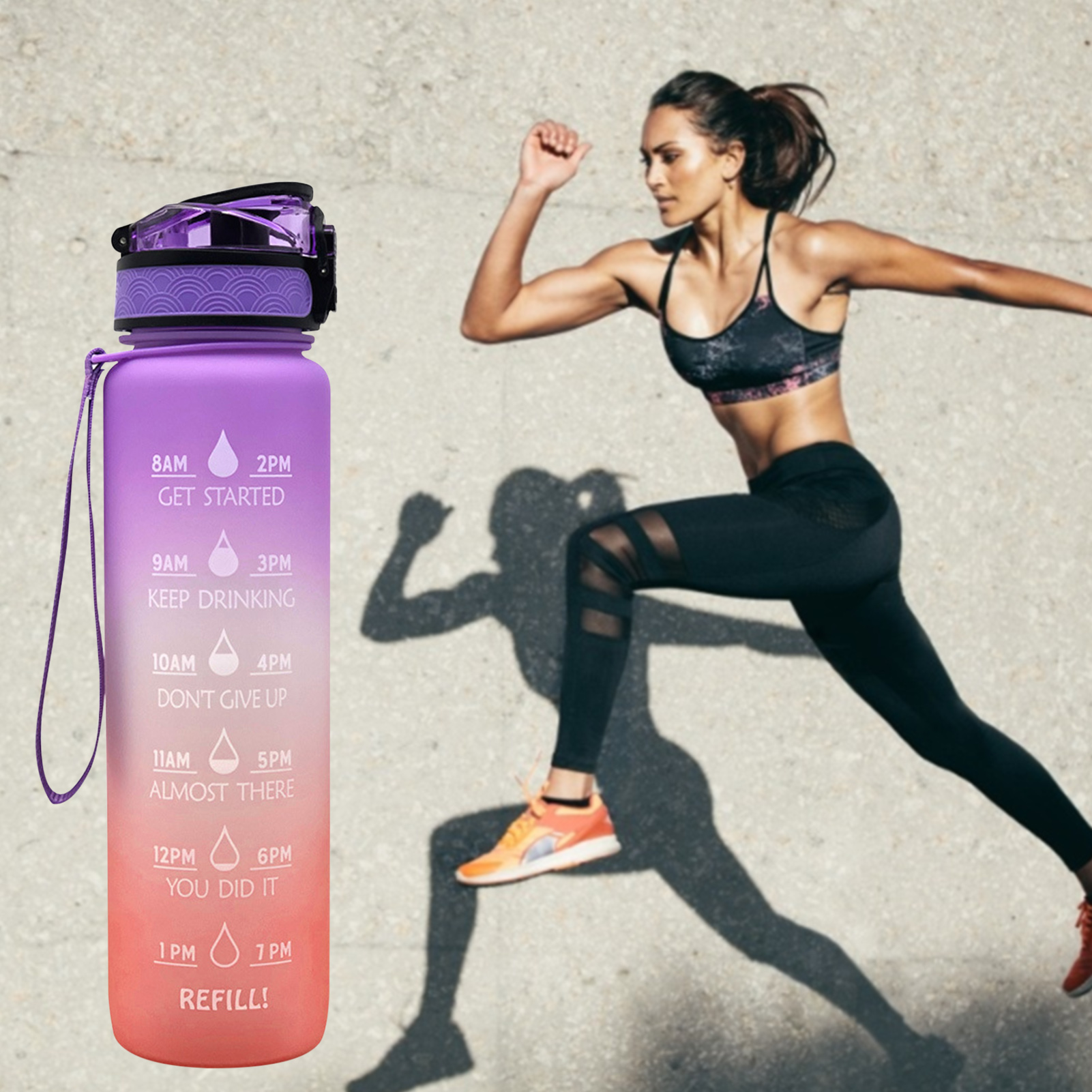 Botella de agua TRITAN de 1L, cantimplora con gradiente mate con marcador de tiempo, a prueba de fugas, para senderismo, ciclismo, Camping, correr y Yoga