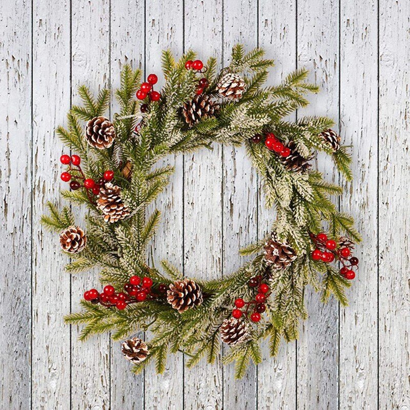 Christmas Garland PE Pine Cone Red Fruit Wreath Romantic Christmas Decoration White Flocking Pendant with Frost Ornaments Arts