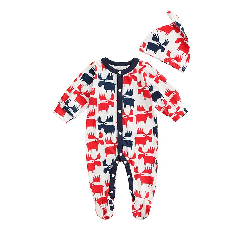 Pasgeboren Jongen Lange Mouw Romper Kerst Elanden Gedrukt Wrap Voet Knop Crew Hals Speelpakje Casual Eenvoudige Stijl Jumpsuit 0-18Months