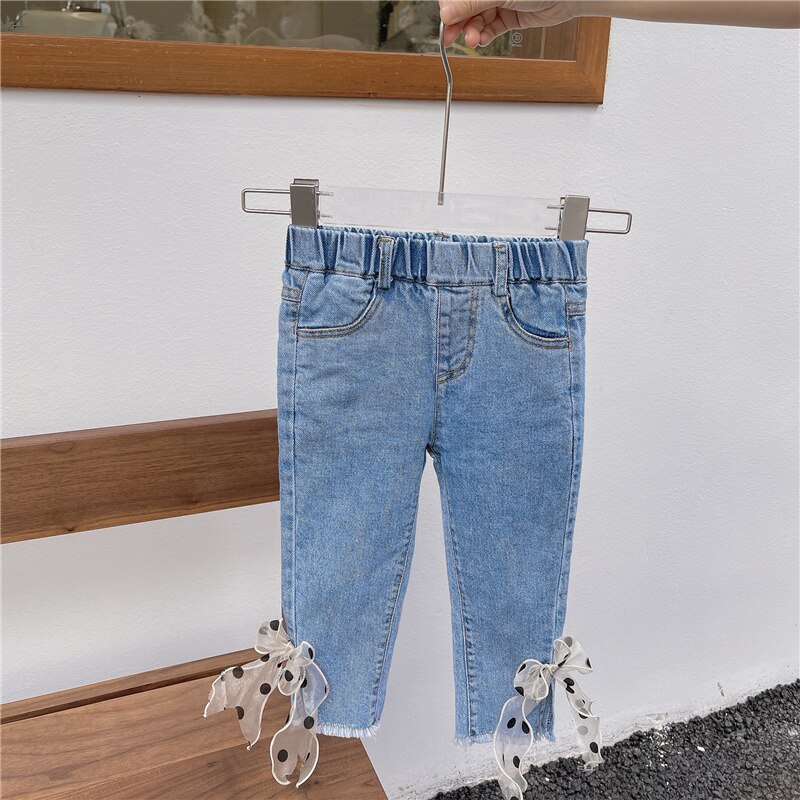 Primavera 2021 nuove ragazze Jeans con fiocco dolce pantaloni Casual per bambini in stile coreano neonate pantaloni Slim in Denim All-match