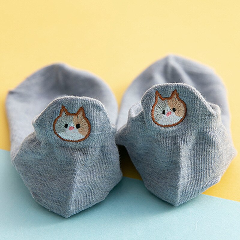 1Pair Kawaii Embroidered Expression Women Socks Happy Ankle Funny Animsl Socks Women Girl Cotton Summer Candy Color Cute: Blue