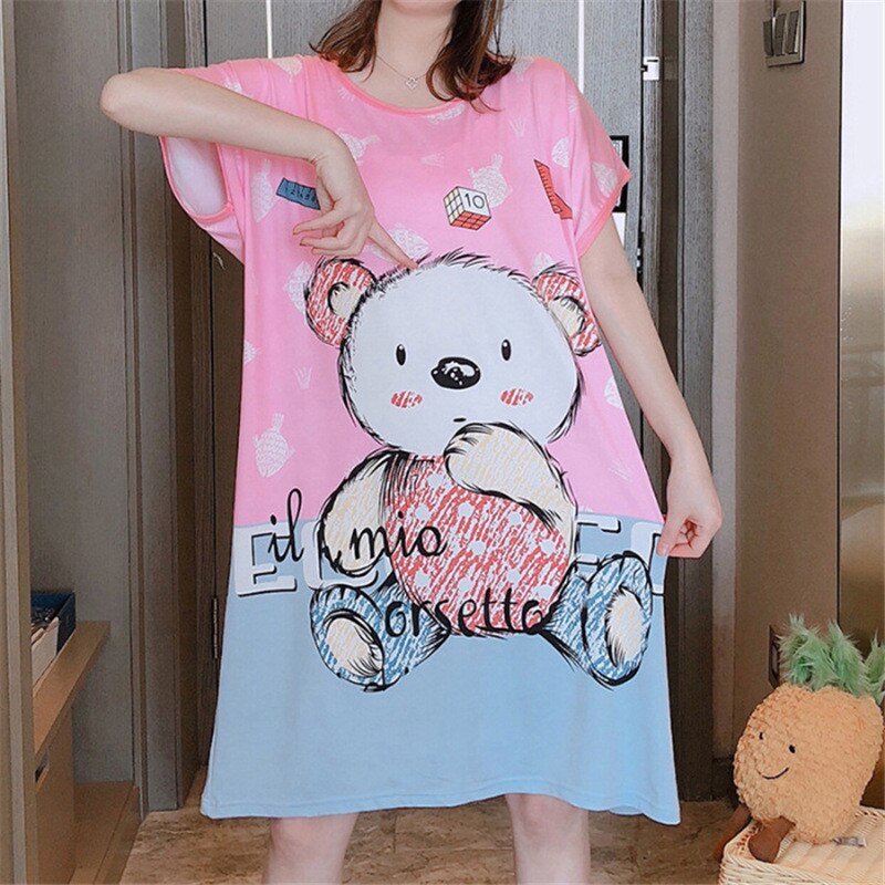 Women Nightdress Cartoon Female Loose Short Sleeve Sleepdress for Ladies Plus Size Summer Casual O-neck Homewear: Pink 2