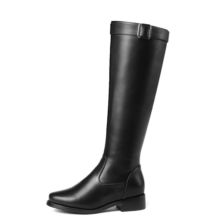 Qutaa damestøvler pu skinn kvinner knehøye støvler firkantet lav hæl vinterstøvler damesko stor størrelse 34-43