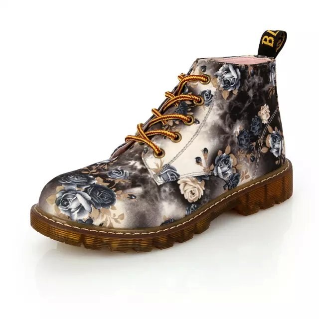 SHIDIWEIKE Frauen Stiefel Blumen- Gedruckt Stiefel Weiche Sohle Stiefeletten Spitze hoch Plattform Schuhe Frau B033: Grau / 6