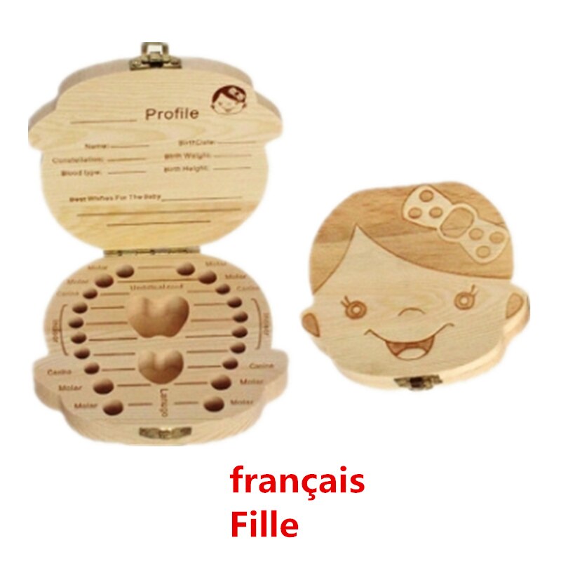 Babymelk Tanden Doos Spaans Engels Russion Baby Hout Tand Doos Baby Tand Organizer Kids Bladverliezende Opslag Verzamelen Houten Doos: Franch girl