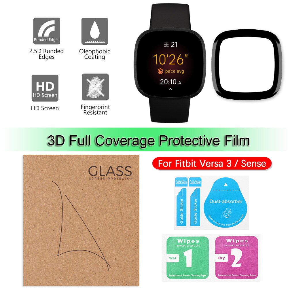 Película protectora 3D de cobertura completa para Fitbit Versa 2 3 Sense, Protector de pantalla de reloj inteligente, cristal de fibra suave transparente HD, 1 ud.