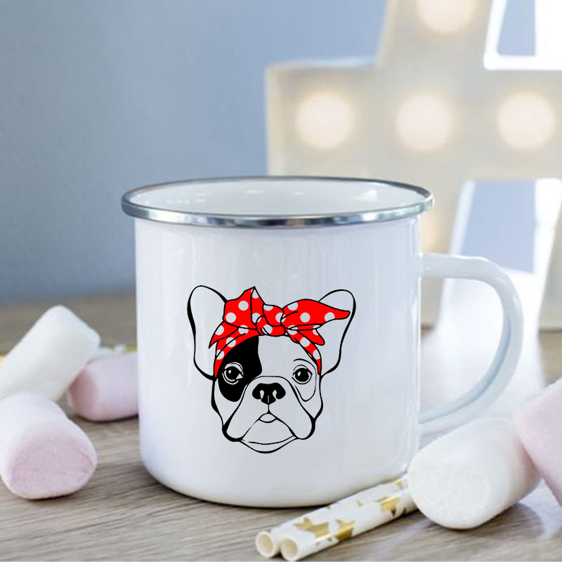 Taza de esmalte con estampado de Bulldog Francés, tazas creativas de café, bebidas, postres, desayuno, leche, tazas Vintage con asa, los mejores: XH516-A015WH-8
