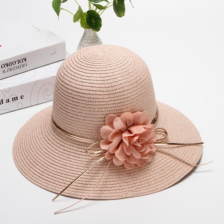 Trend kvinders floppy halm åndbar bred kant blomst sol hat sommer strand ferie udendørs parasol hætter: 4