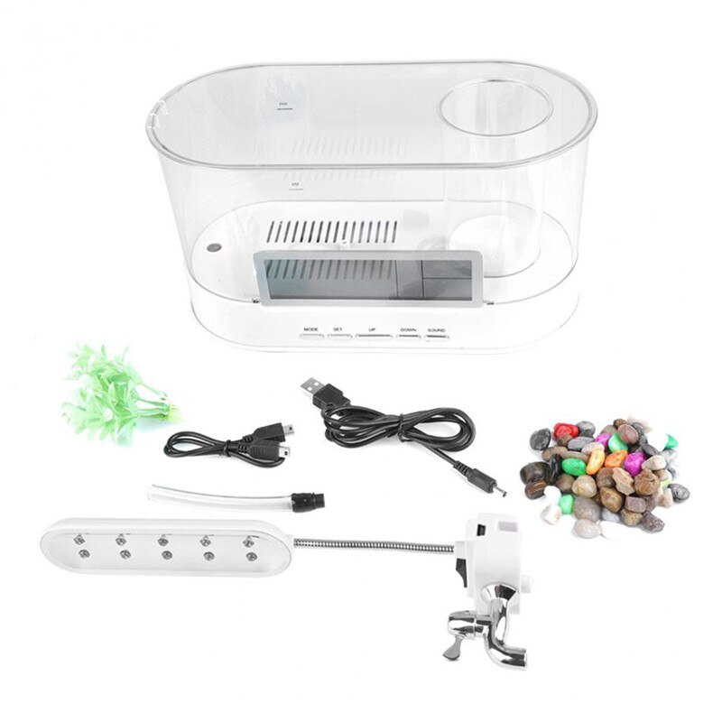 Black/White LED Light Fish Tank Mini Aquarium 5V USB Charging 1.5L capacity LCD Clock digital Display Time/date/temperature D30: White
