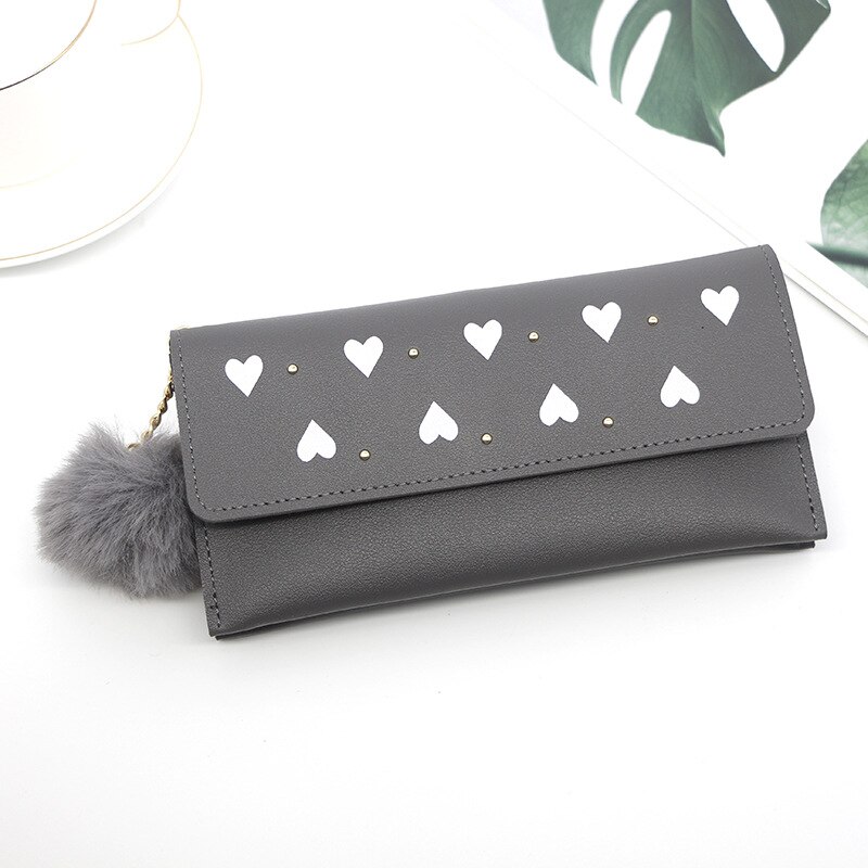 Wallet For Women Retro Rivet Hasp Long Ladies Wallet Card Purse PU Leather Wallet With Fur Ball Ornaments Phone Bag: Gray-B