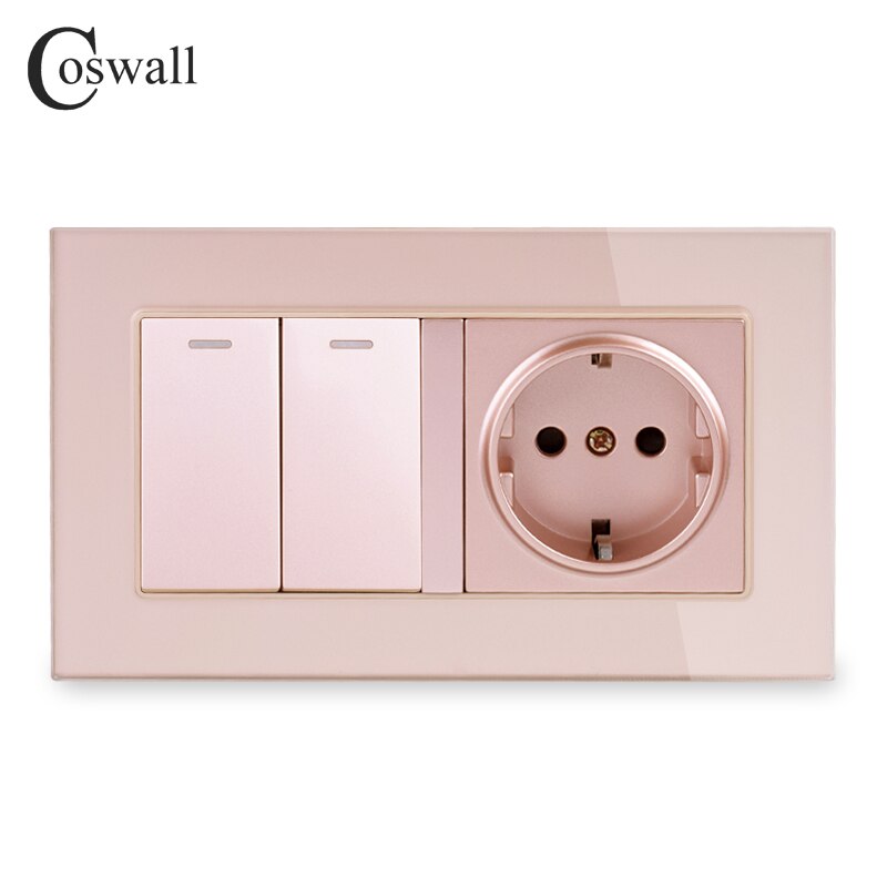 Marco de cristal COSWALL Rusia España enchufe de pared estándar de la UE a tierra + 2 Gang 1 Way interruptor de luz de encendido/apagado 146*86mm: Gold