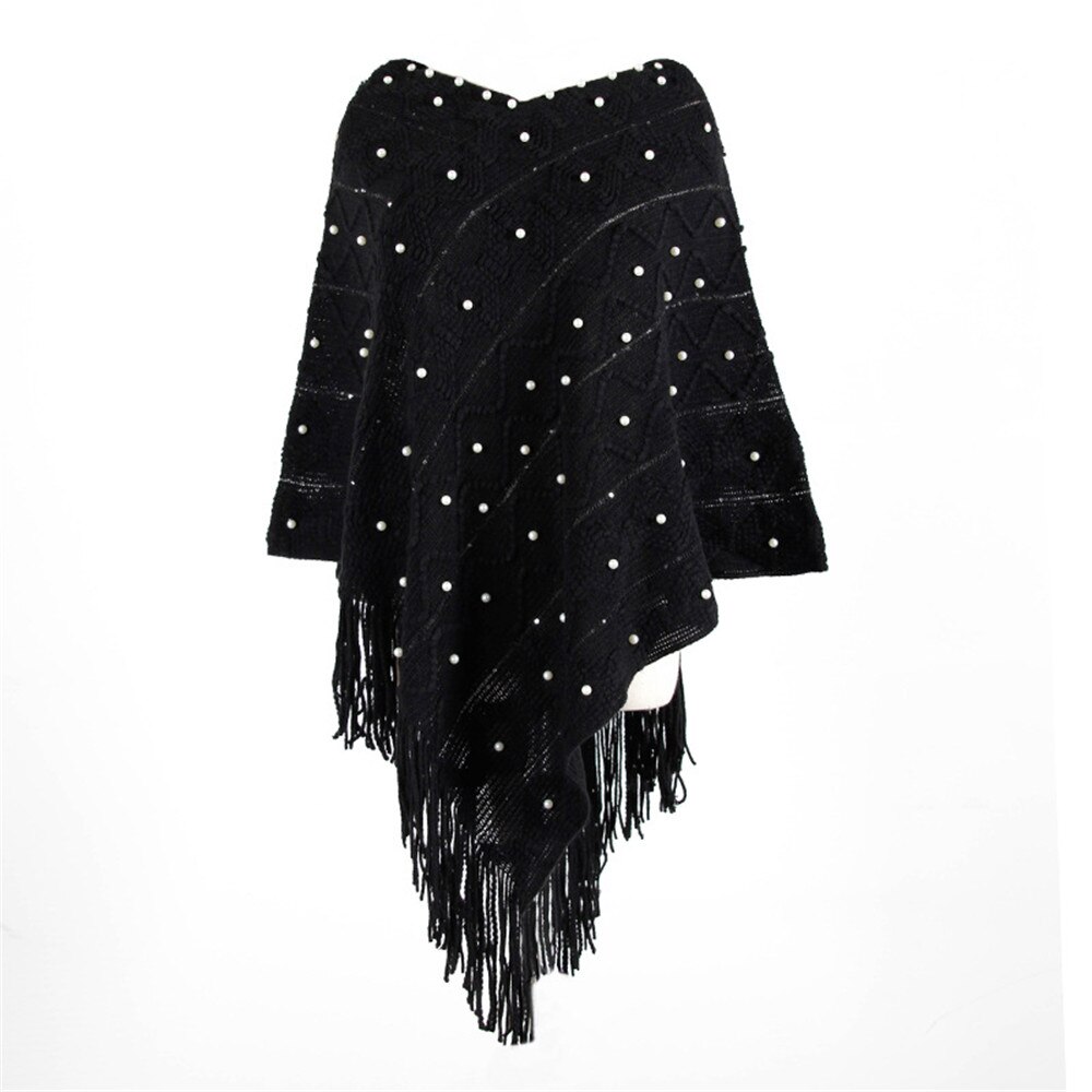 Chal blanco, prendas de vestir exteriores, suéter de punto con borla, capa holgada informal para mujeres, suéter, chal, Poncho de primavera Otoño, capa Irregular con dobladillo: Black