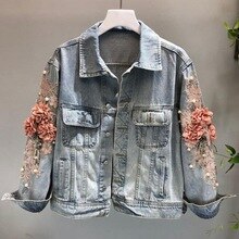 Herbst Frauen Stickerei Drei Dimensionale Blumen Perle Perle Kurze Denim Mantel Frau Lange Hülse Jean Jacke Feminina Mäntel WF08