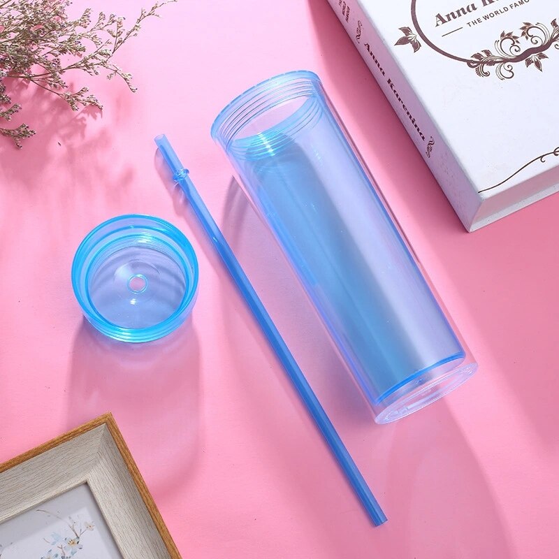Vaso Delgado acrílico de 16oz con tapa y pajita, vasos de plástico coloridos, botella de agua de plástico aislada para