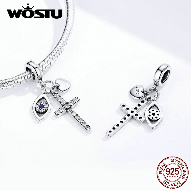 WOSTU Echt 925 Sterling Silber Kreuz Augen Charme Herz Perlen passen Original Armbinde & Armreifen Anhänger Silber 925 Schmuck DXC1327
