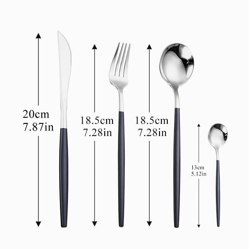 4 teile/satz Dinner Set Edelstahl Besteck Set Messer Gabeln Weihnachten Löffel mit Lange Griff Set Portable Geschirr Geschirr: black silver 4pcs
