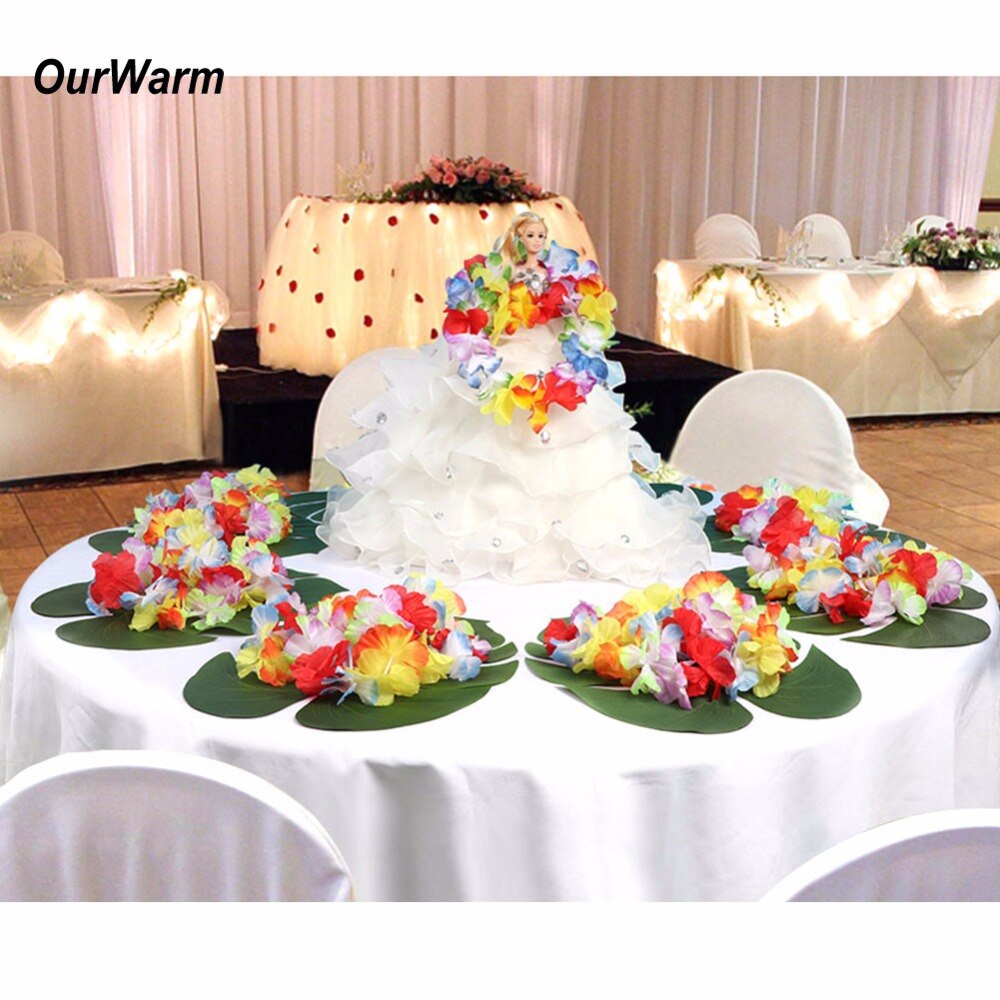 Ourwarm 12 sæt hawaiisk bryllup bord dekoration blomster krans og palmeblade luau fest gør-det-selv dekoration dekorative blomster