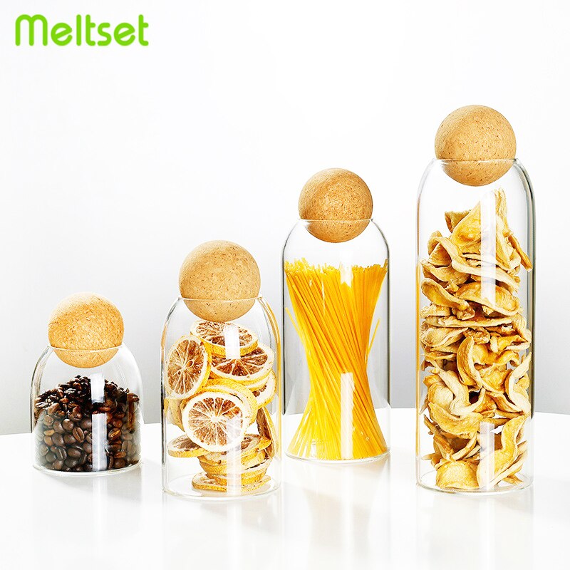 Clear Glass Jar Bottle Kitchen Storage Jars with Cork Ball Lid Airtight Canister Beans Granis Candy Kitchen Storage Organizer