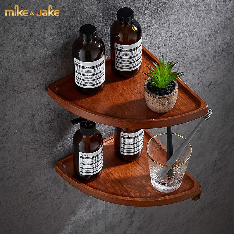 Bathroom solid wood triangle rack bathroom shower room wall hanging shelf without punching Chinese red oak storage rack