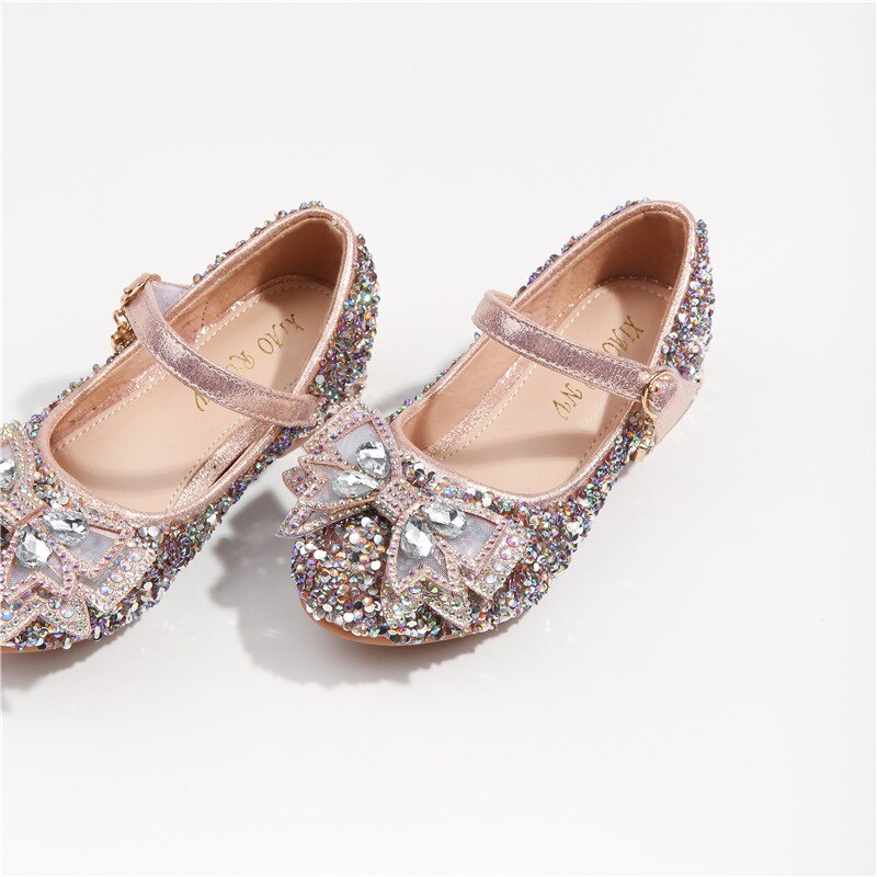 Girls high heel party shoes kids pink rhinestone single shoes fall kid's bow silever princess contracted high heels: pink / 34 (Inner 21CM)