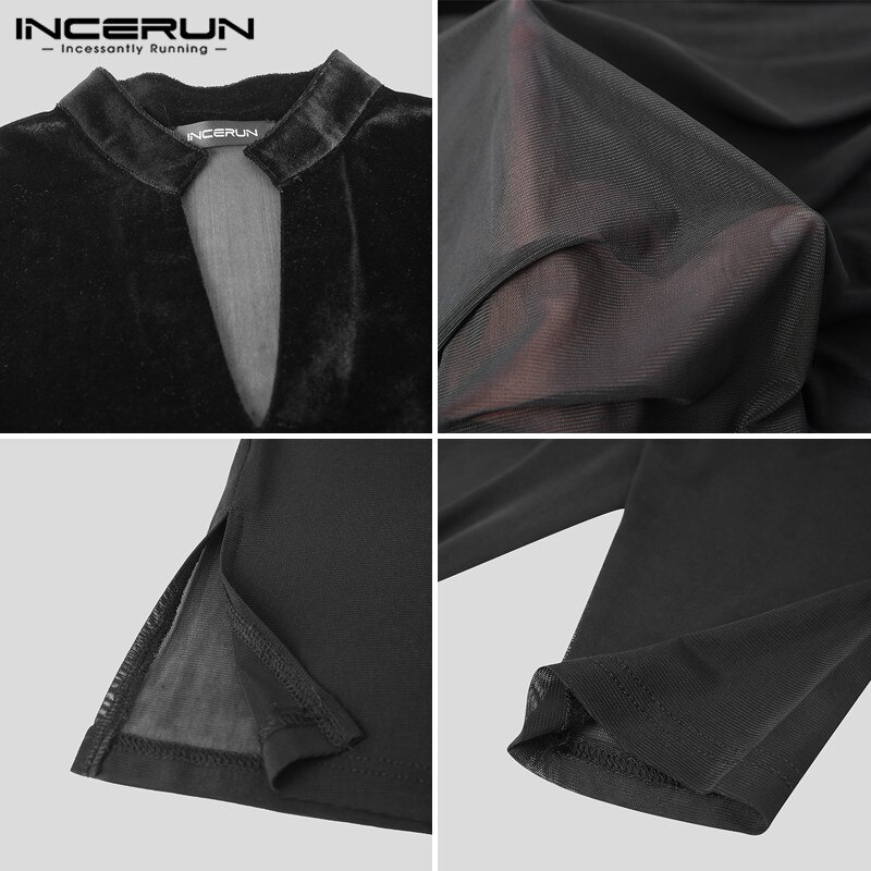 Men Long Sleeve V Neck Solid Camisa INCERUN Patchwork Shirts Men Transparent Party Nightclub Blusa Dance Shirt Plus Size